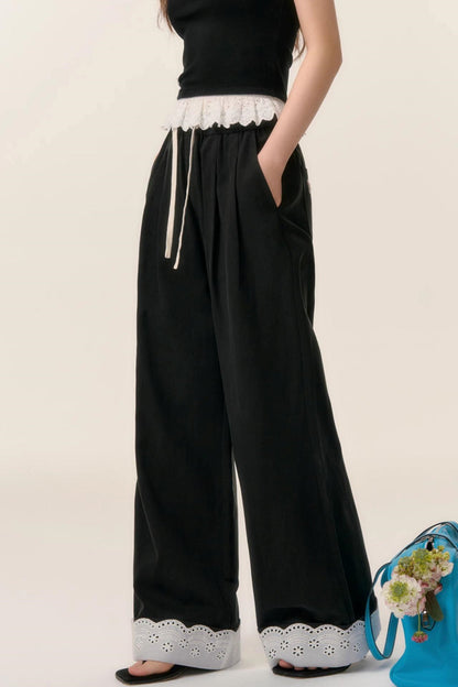 Lace-Trimmed Wide Leg Pants