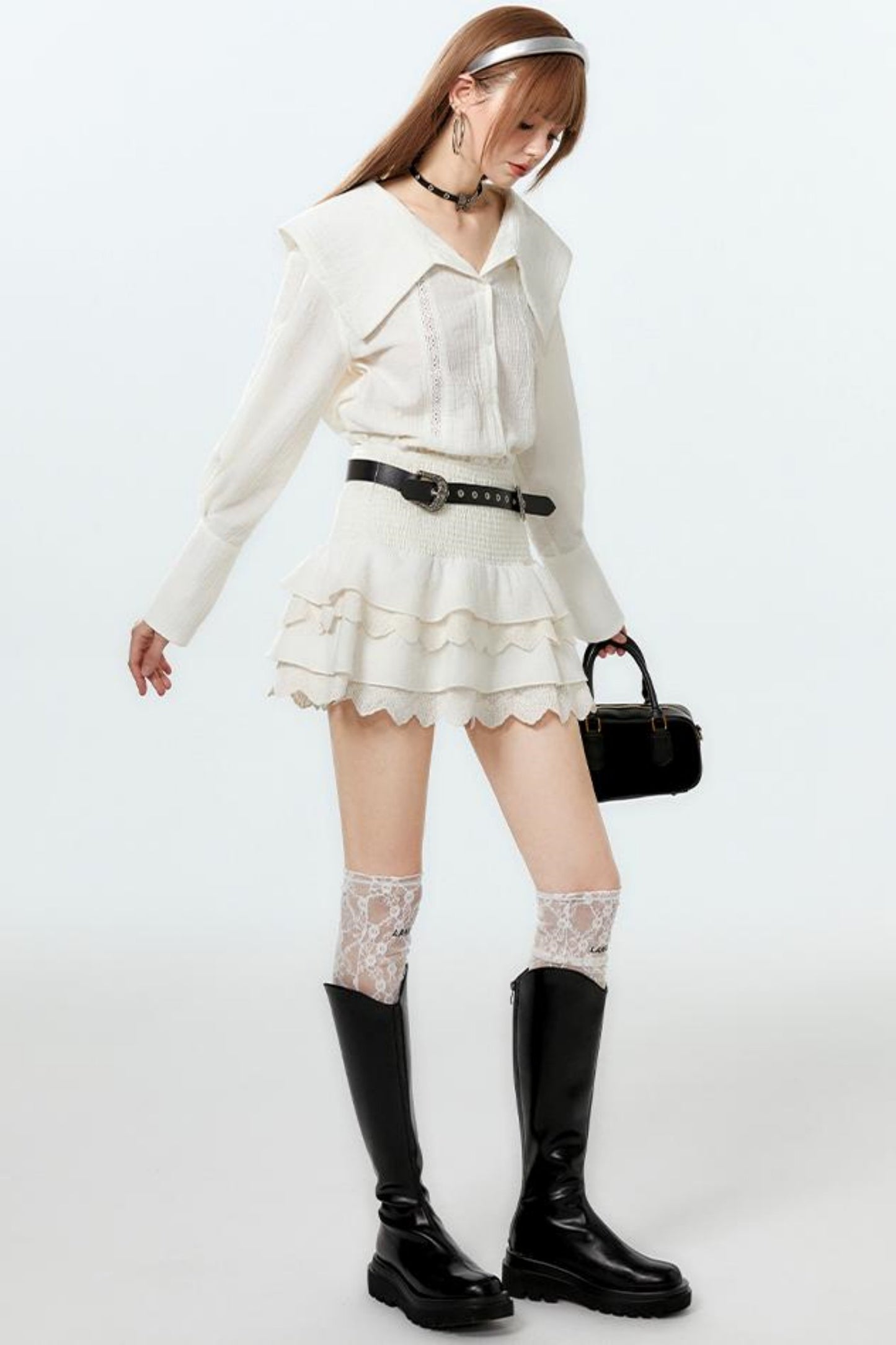 Sheer Lace Big-Collar Mint Blouse