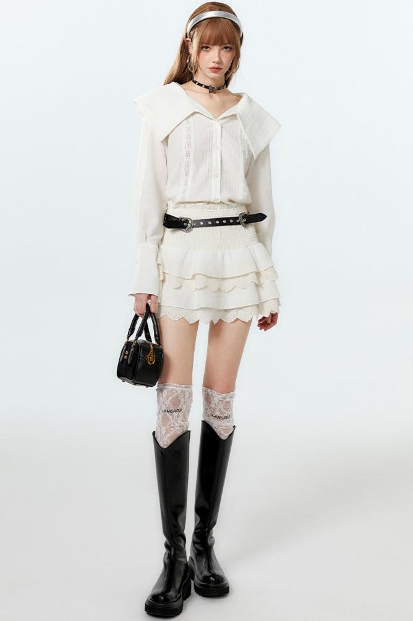 Sheer Lace Big-Collar Mint Blouse