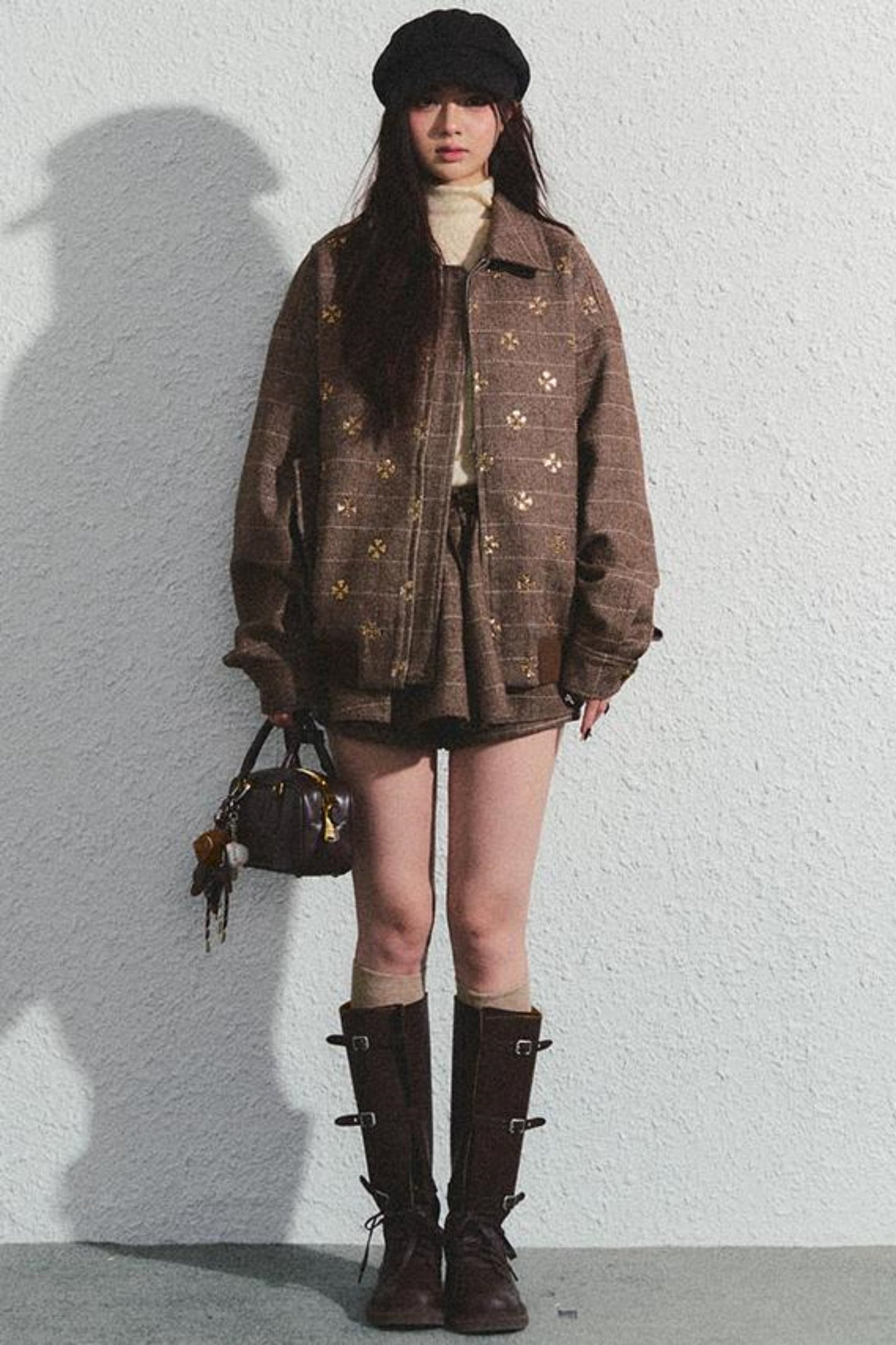 Khaki Beaded Lapel Jacket & Skirt Set-Up