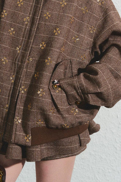 Khaki Beaded Lapel Jacket & Skirt Set-Up