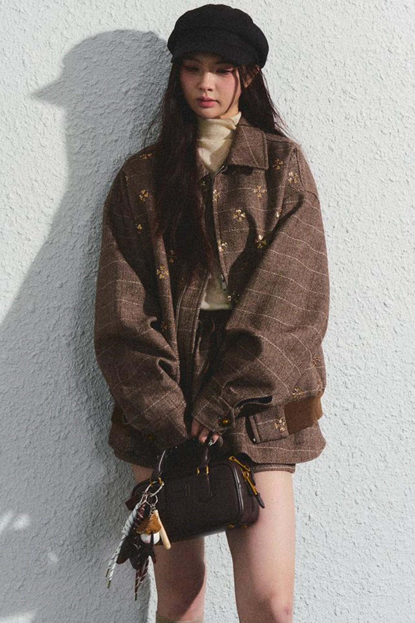 Khaki Beaded Lapel Jacket & Skirt Set-Up