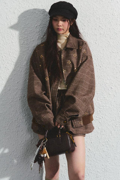 Khaki Beaded Lapel Jacket & Skirt Set-Up