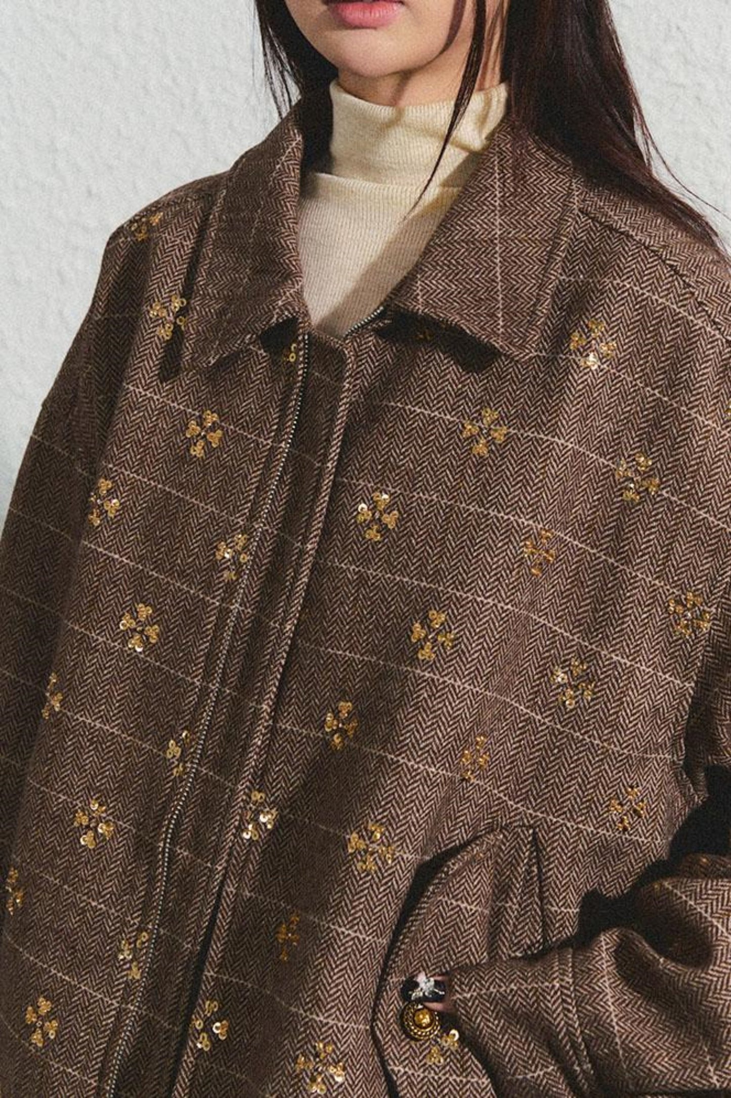 Khaki Beaded Lapel Jacket & Skirt Set-Up