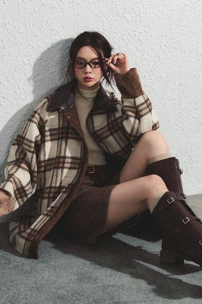 Brown Herringbone High-Waisted Trousers