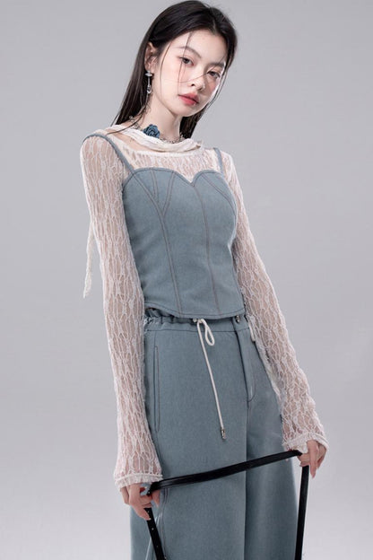 Denim Fusion Lace Suspenders Vest & Sickle Pants Set
