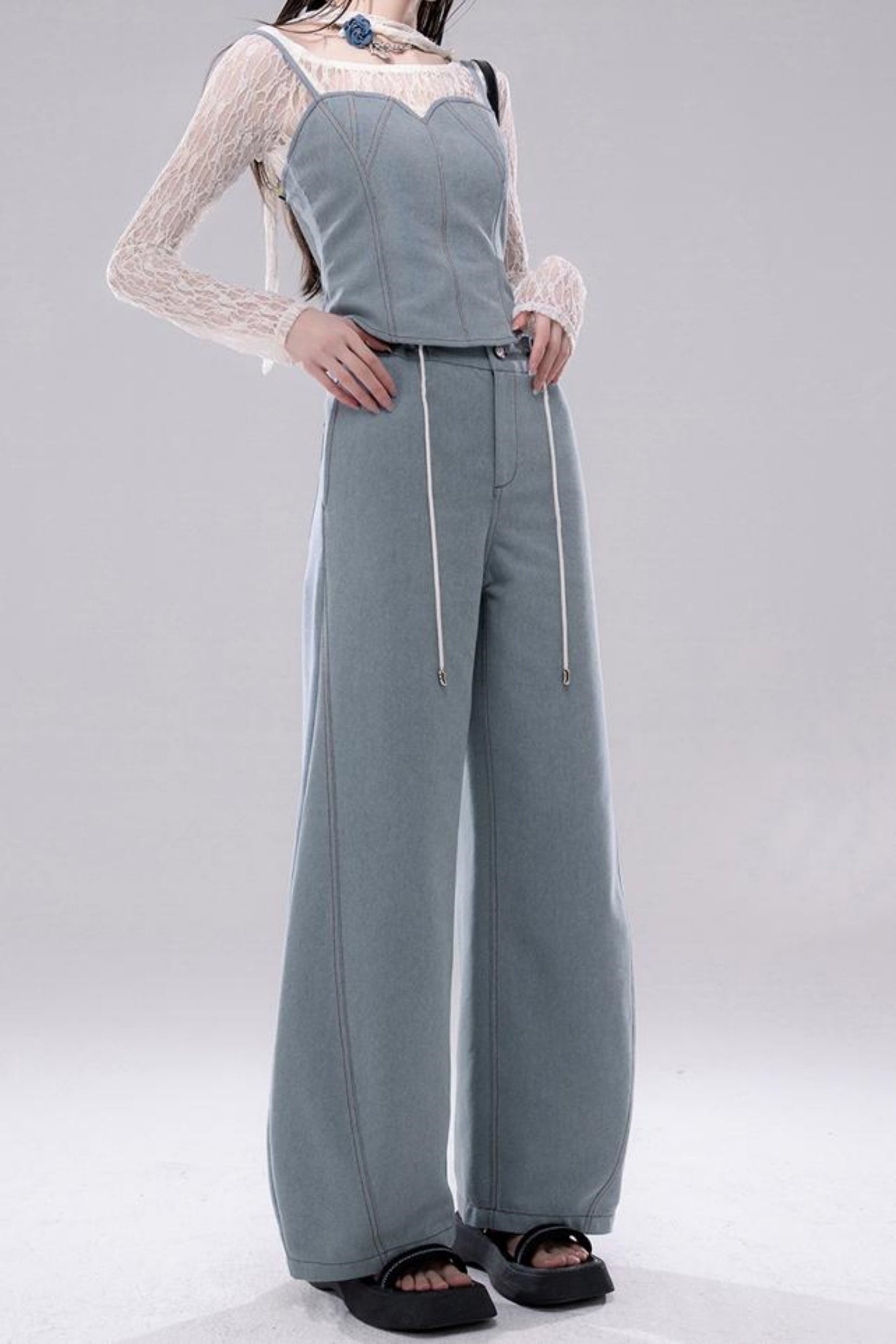 Denim Fusion Lace Suspenders Vest & Sickle Pants Set