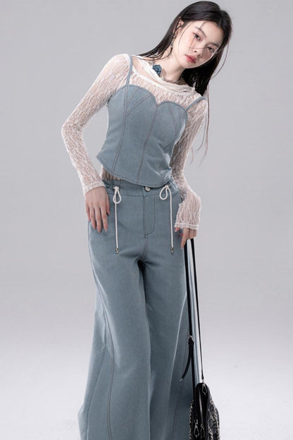 Denim Fusion Lace Suspenders Vest & Sickle Pants Set