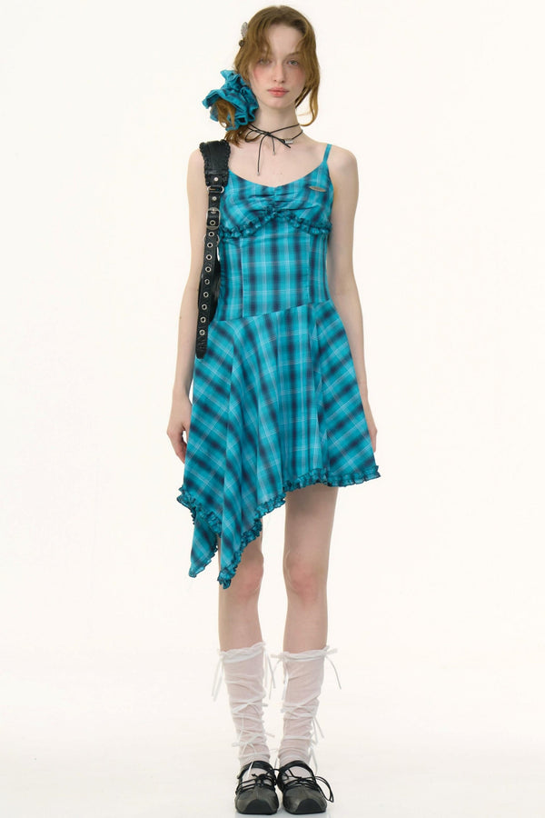 Summer Blue Plaid Halter Dress
