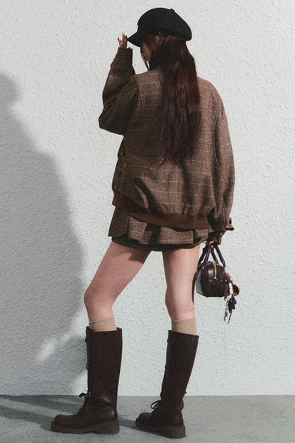 Khaki Beaded Lapel Jacket & Skirt Set-Up