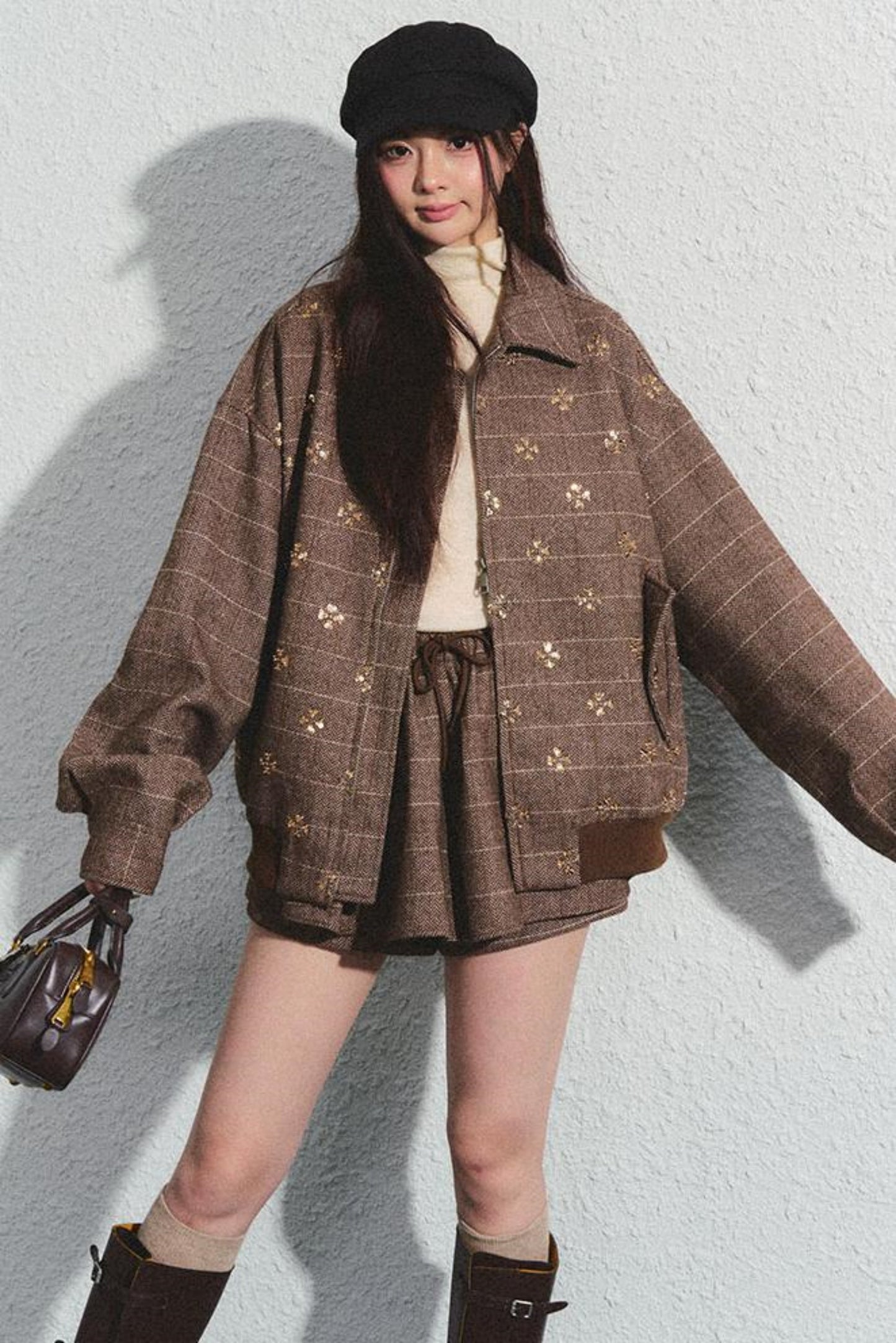 Khaki Beaded Lapel Jacket & Skirt Set-Up