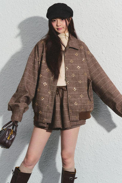 Khaki Beaded Lapel Jacket & Skirt Set-Up