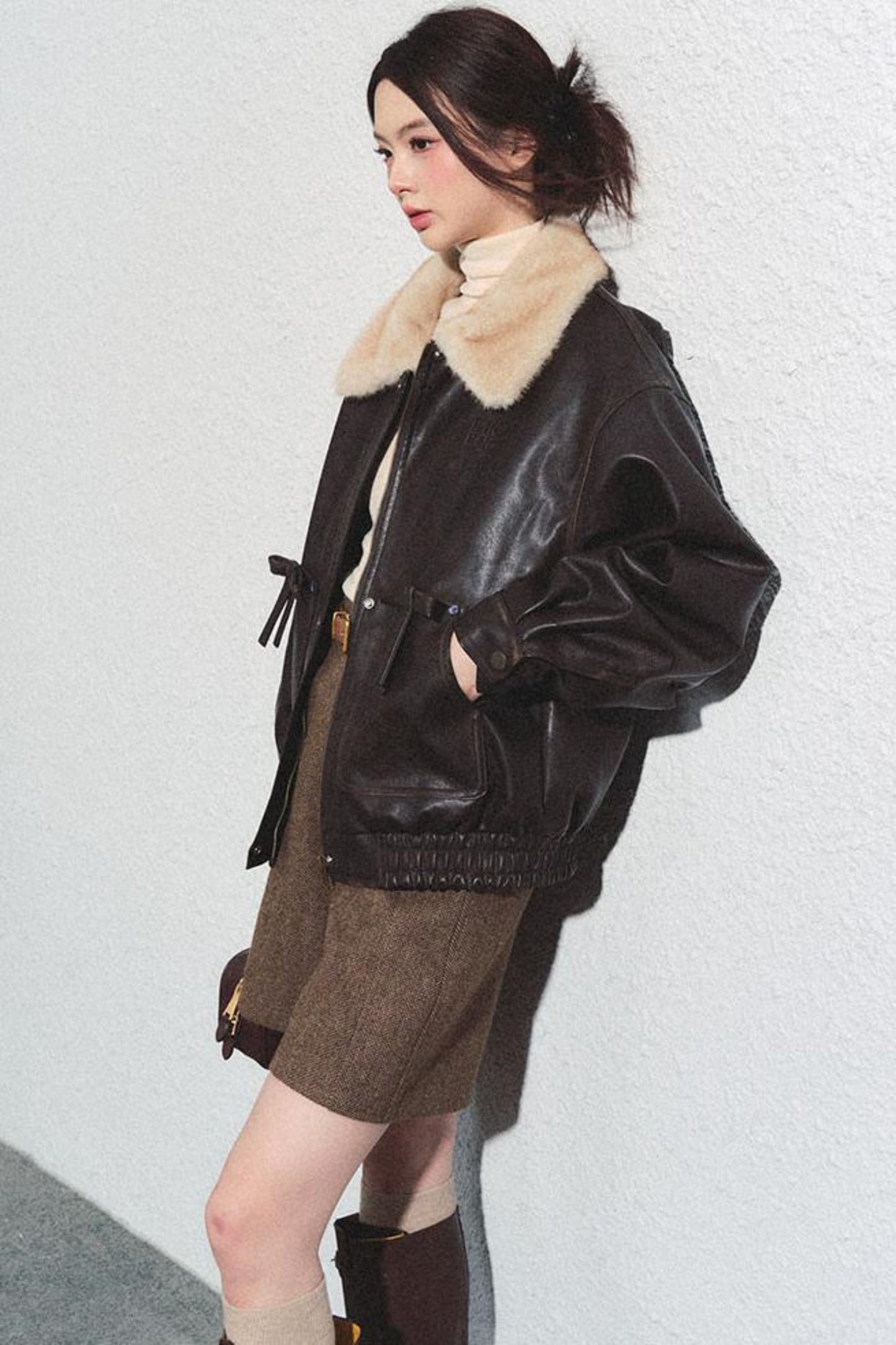 Brown Herringbone High-Waisted Trousers