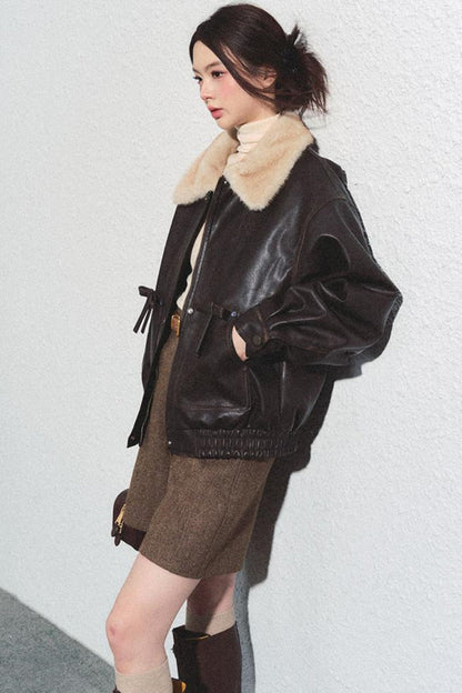 Brown Herringbone High-Waisted Trousers