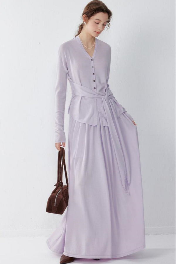 Purple Silk Blend Knit Sweater & Skirt Set-Up