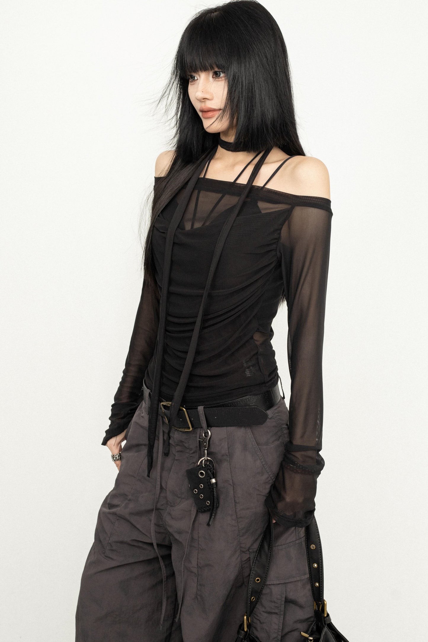 Sleek One-Shoulder Mesh Cover-Up Blouse