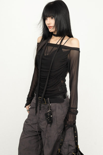 Sleek One-Shoulder Mesh Cover-Up Blouse