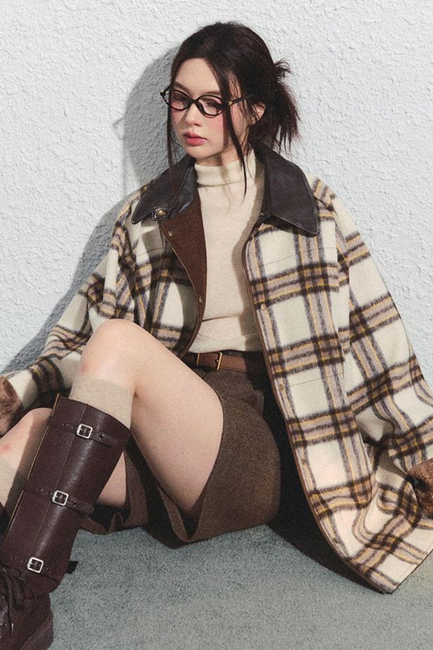 Brown Herringbone High-Waisted Trousers