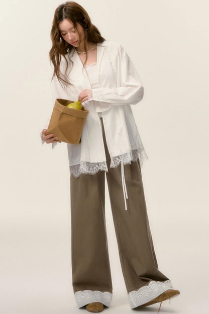 Lace-Trimmed Wide Leg Pants