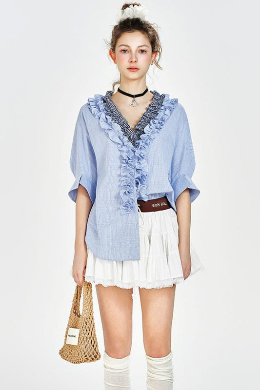 Blue Plaid V-Neck Shirt