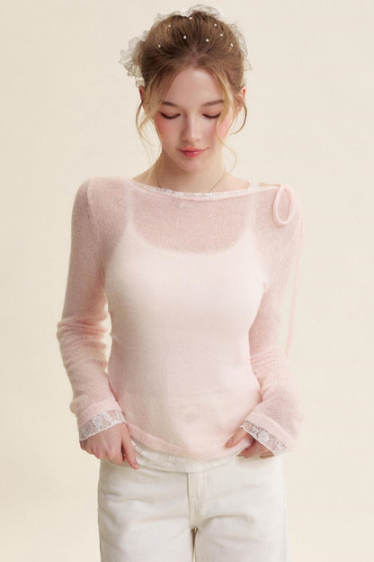 Rose Scented Mohair Bow Neck Sweater Set-Up