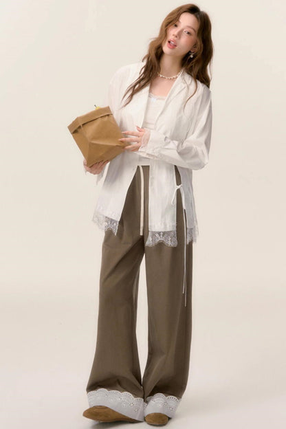 Lace-Trimmed Wide Leg Pants