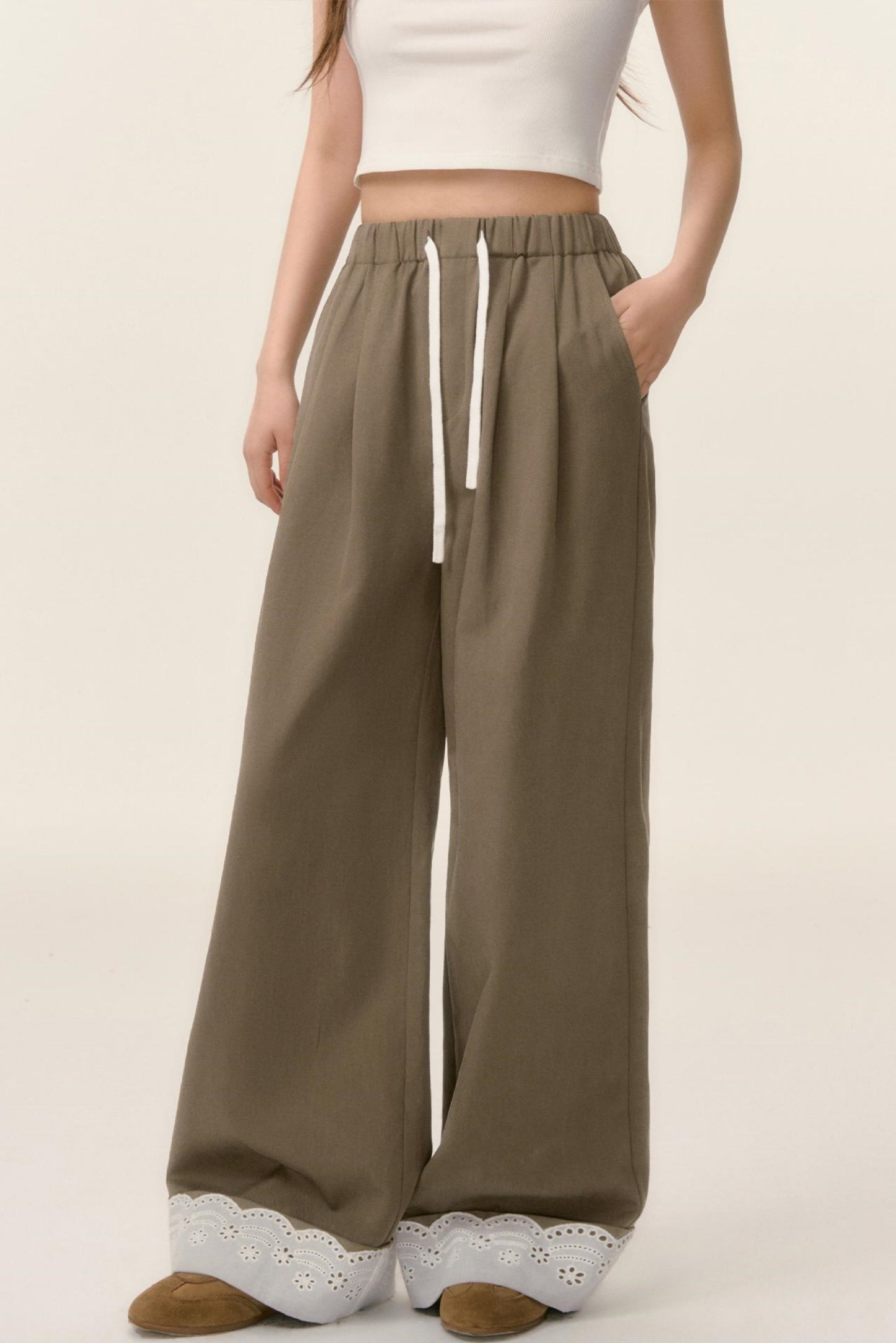 Lace-Trimmed Wide Leg Pants
