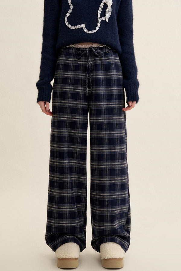 Cozy Plaid Fleece Wide-Leg Pants