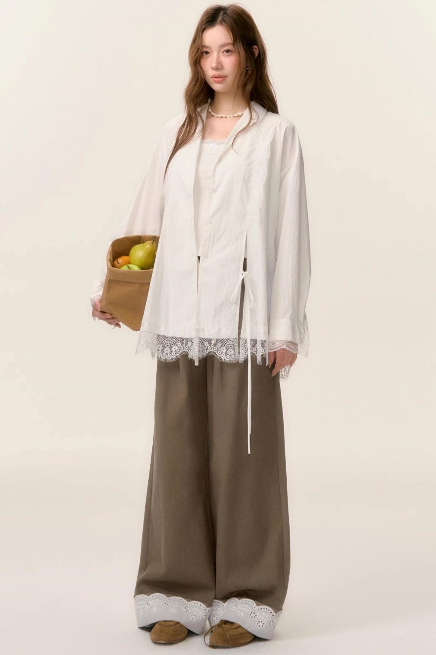 Lace-Trimmed Wide Leg Pants