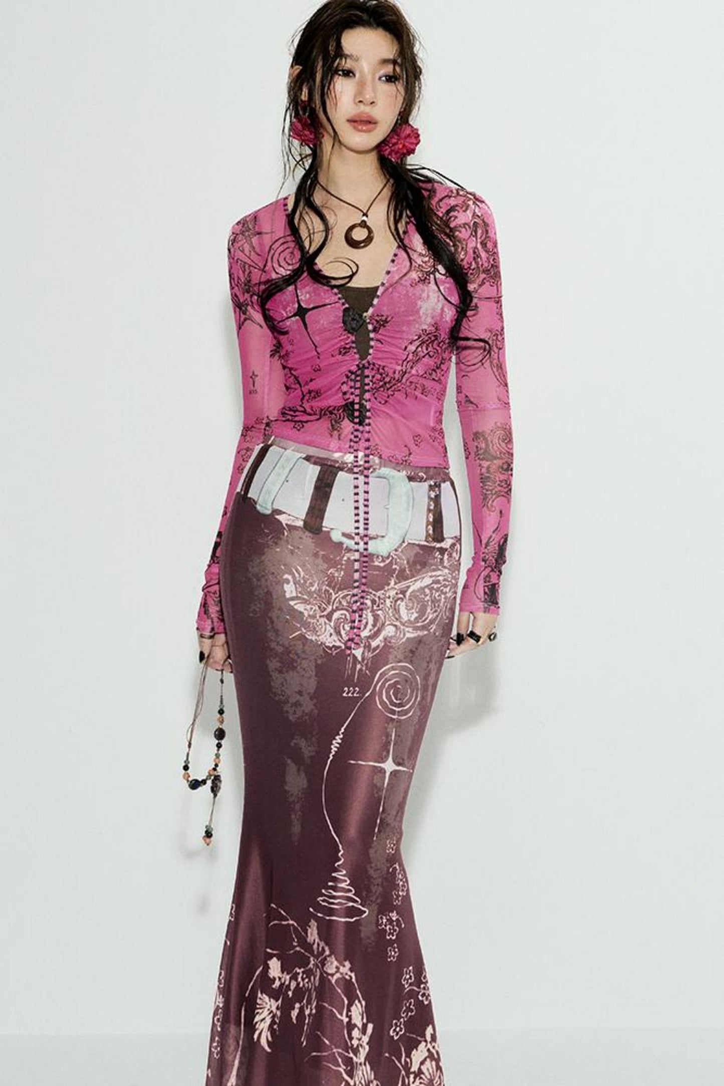 Star Mesh Cardigan With Long Skirt Set-Up