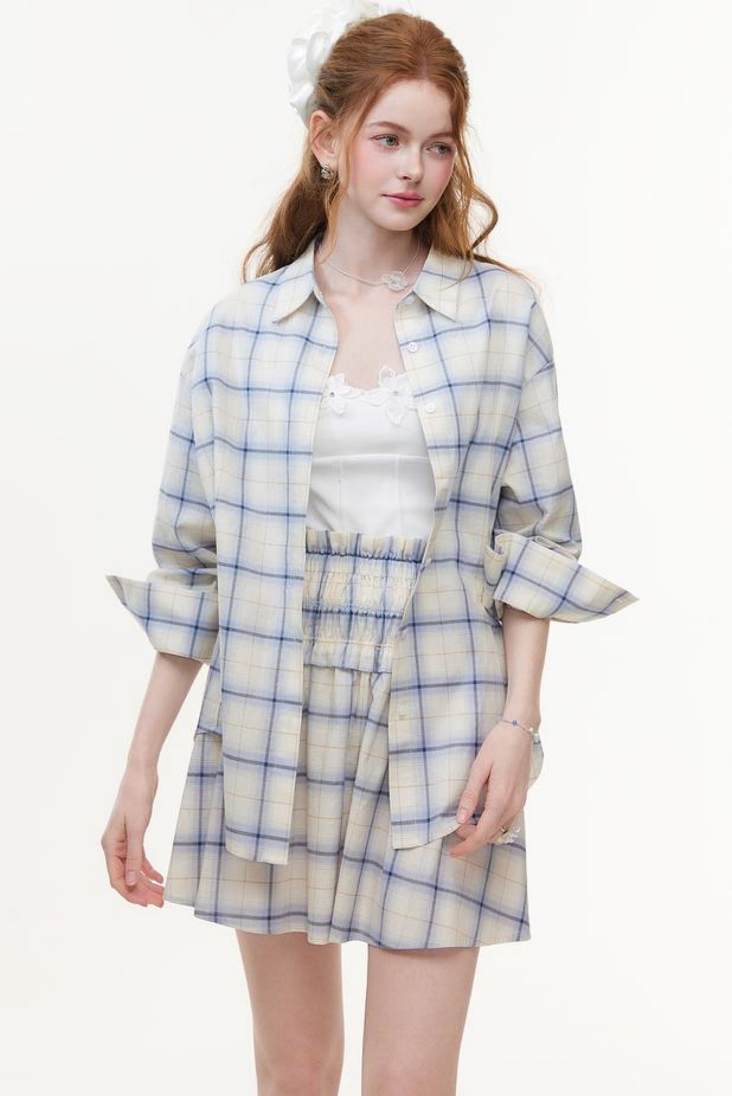 One-Shoulder Smocked Check Blouse