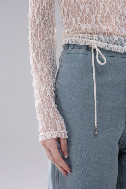 Denim Fusion Lace Suspenders Vest & Sickle Pants Set