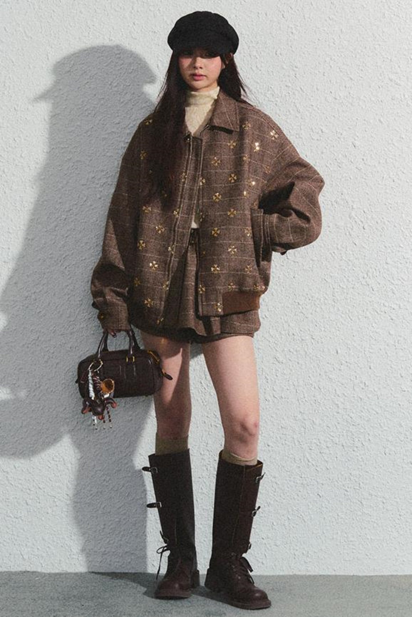 Khaki Beaded Lapel Jacket & Skirt Set-Up