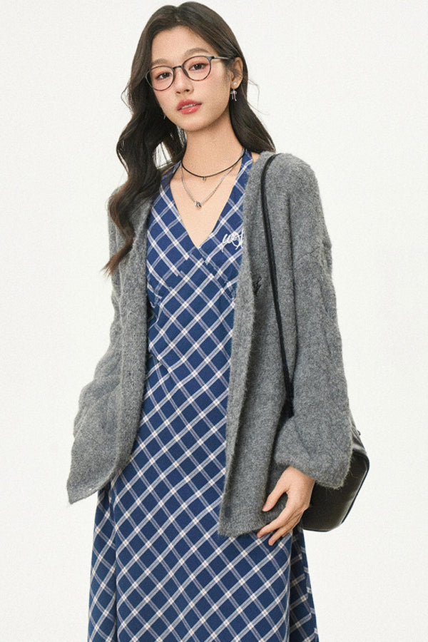 Retro Plaid Halter Dress With Smock Set-Up