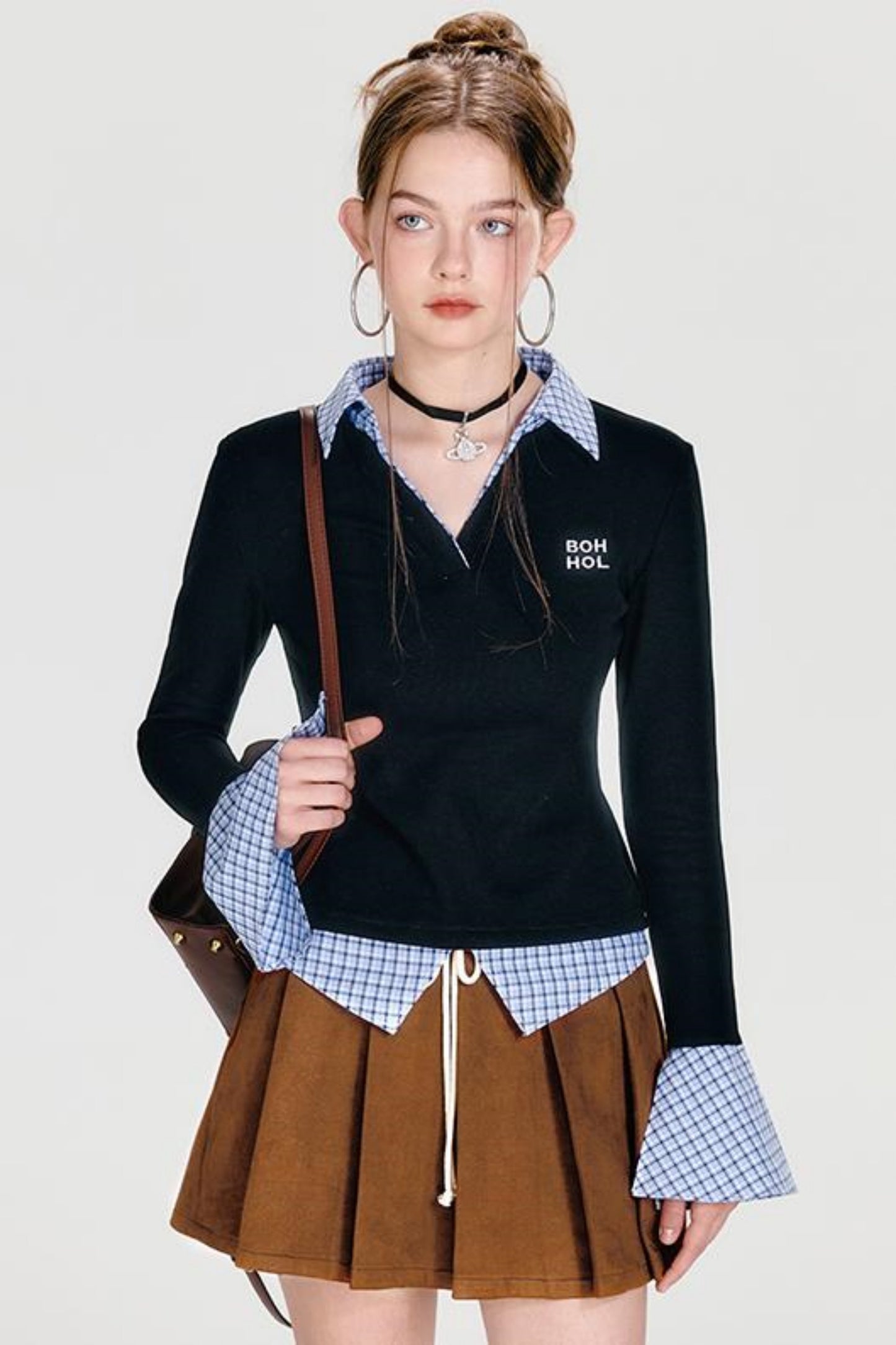 Plaid Splice Polo Top