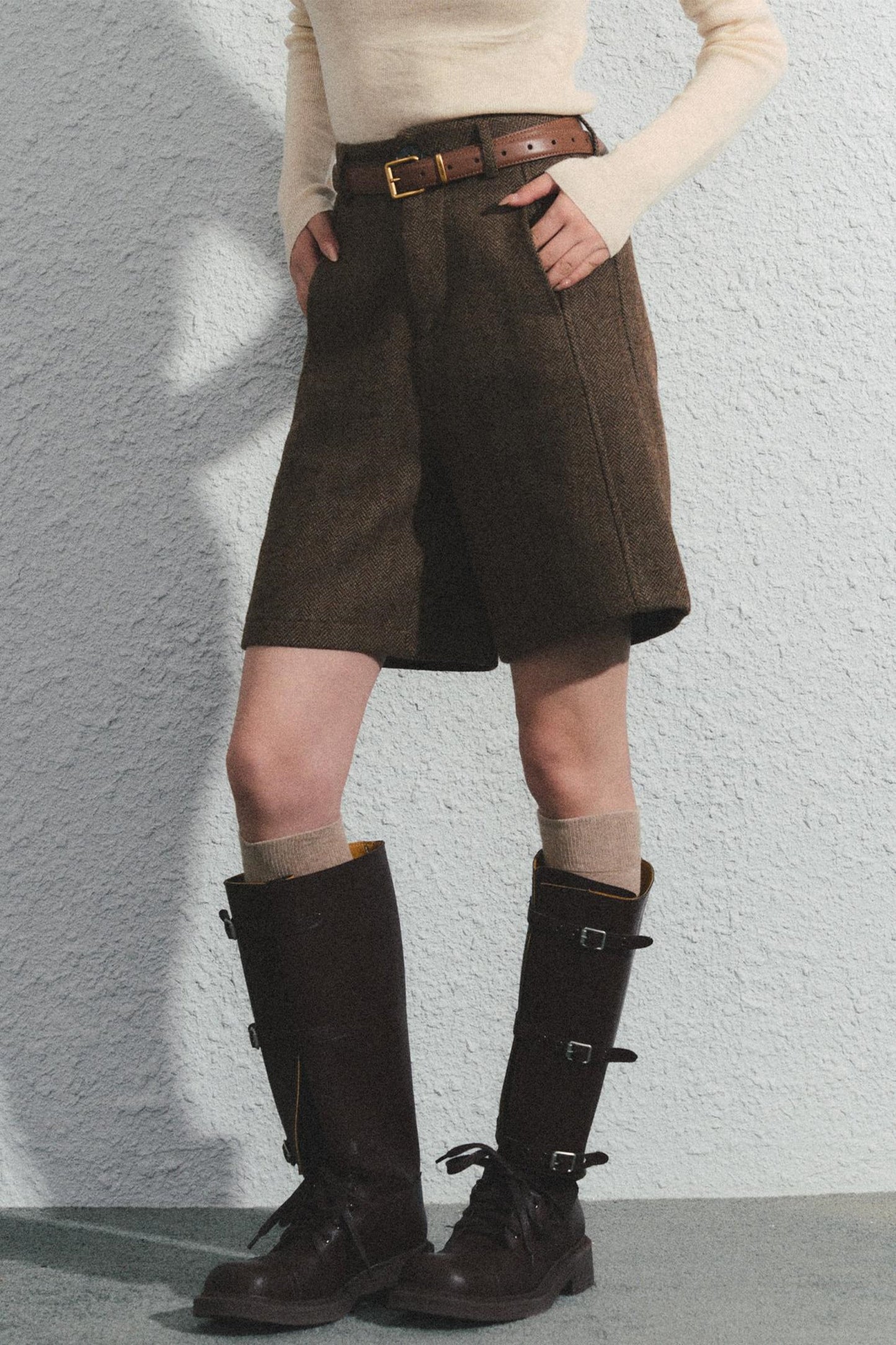 Brown Herringbone High-Waisted Trousers