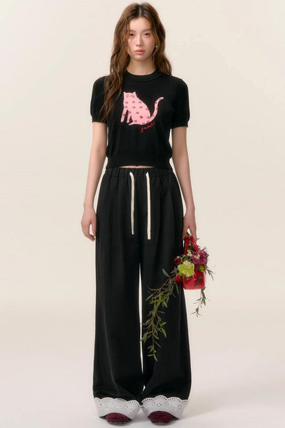 Lace-Trimmed Wide Leg Pants