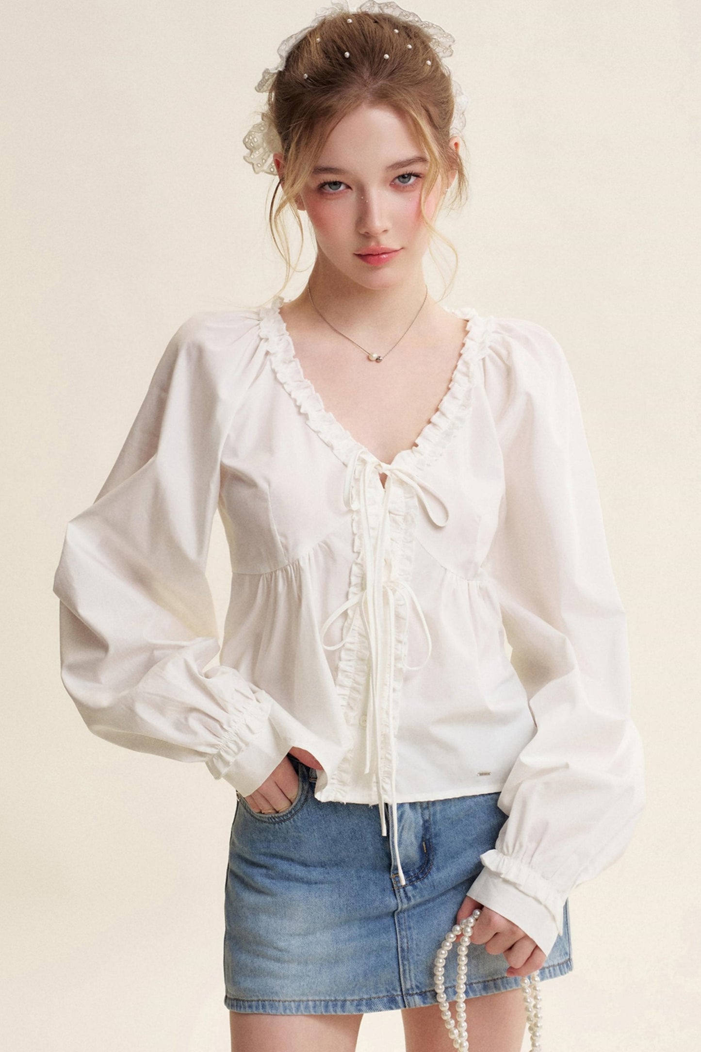 Romantic Lace Bow Tie V-Neck Shirt