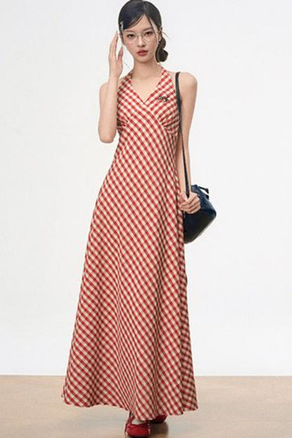 Retro Plaid Halter Dress With Smock Set-Up