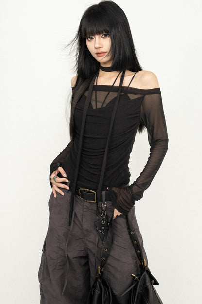 Sleek One-Shoulder Mesh Cover-Up Blouse