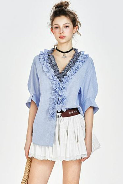 Blue Plaid V-Neck Shirt