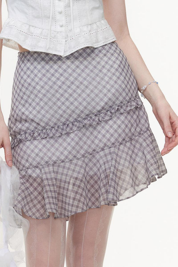 Irregular High-Waist Plaid Chiffon Bustier Skirt