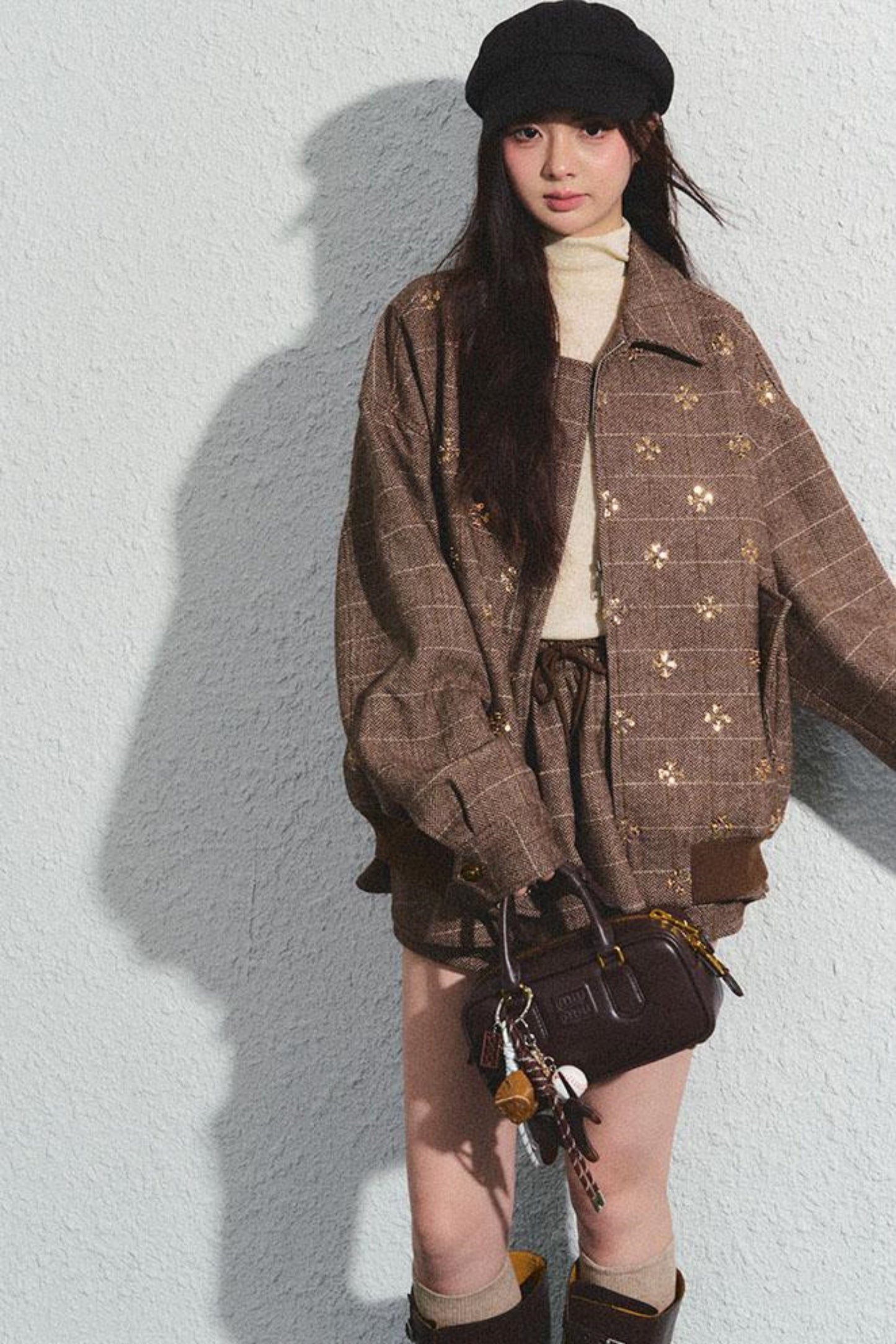 Khaki Beaded Lapel Jacket & Skirt Set-Up