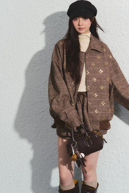 Khaki Beaded Lapel Jacket & Skirt Set-Up