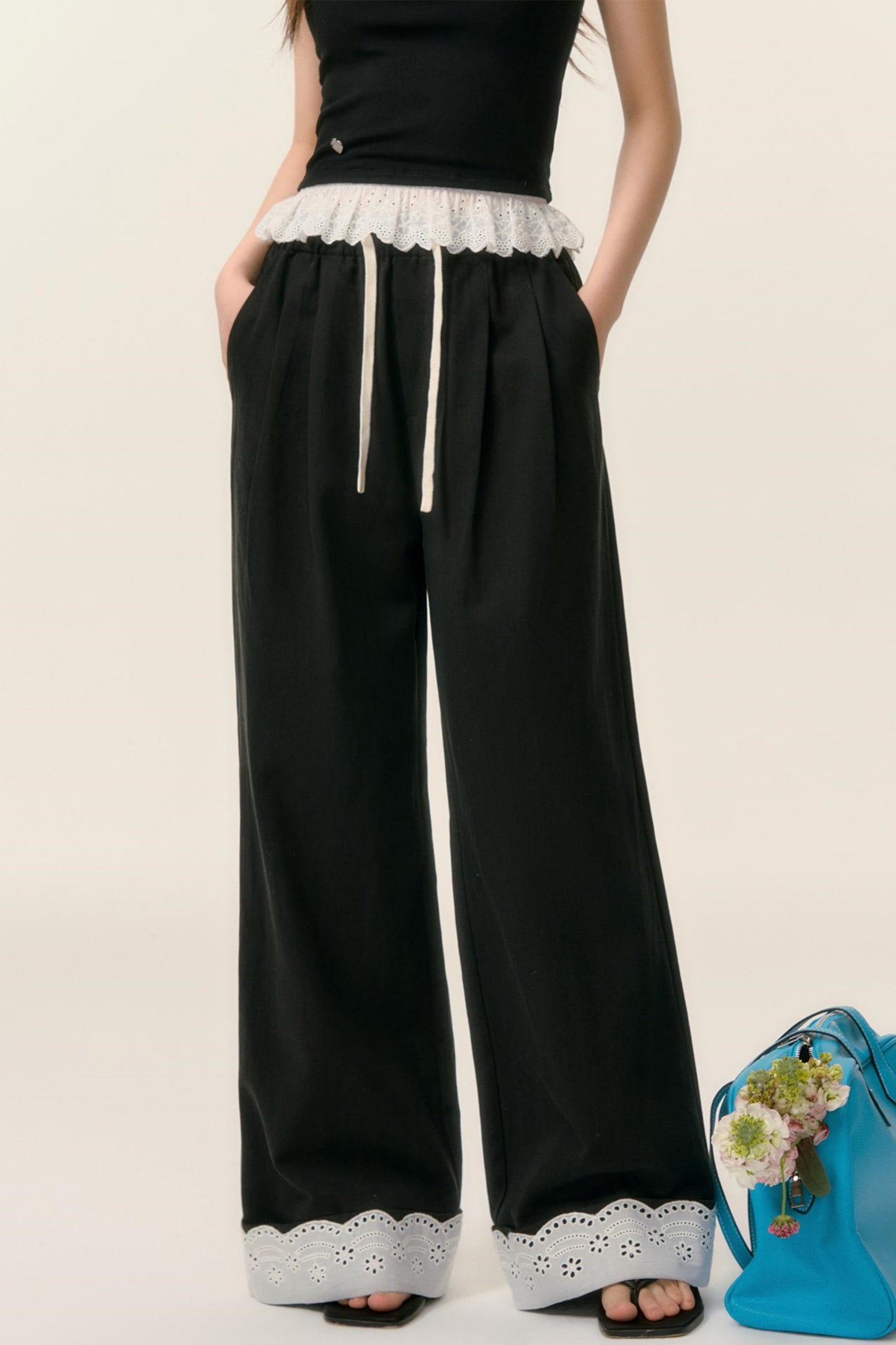 Lace-Trimmed Wide Leg Pants