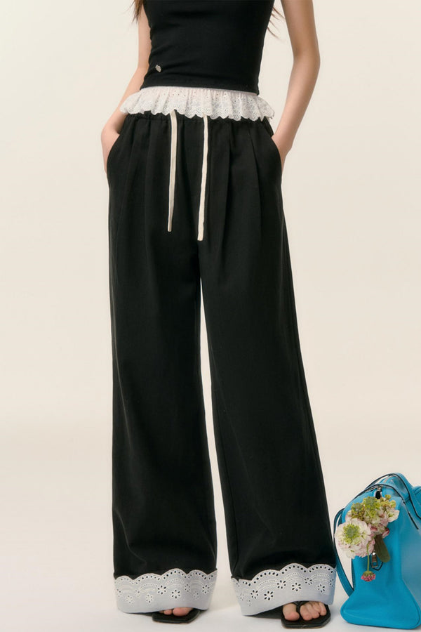 Lace-Trimmed Wide Leg Pants