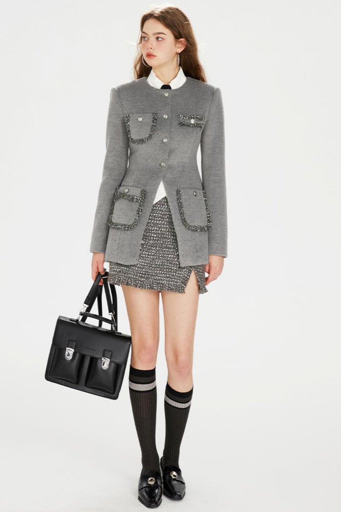 Gray Lace-Tweed Jacket Set-Up