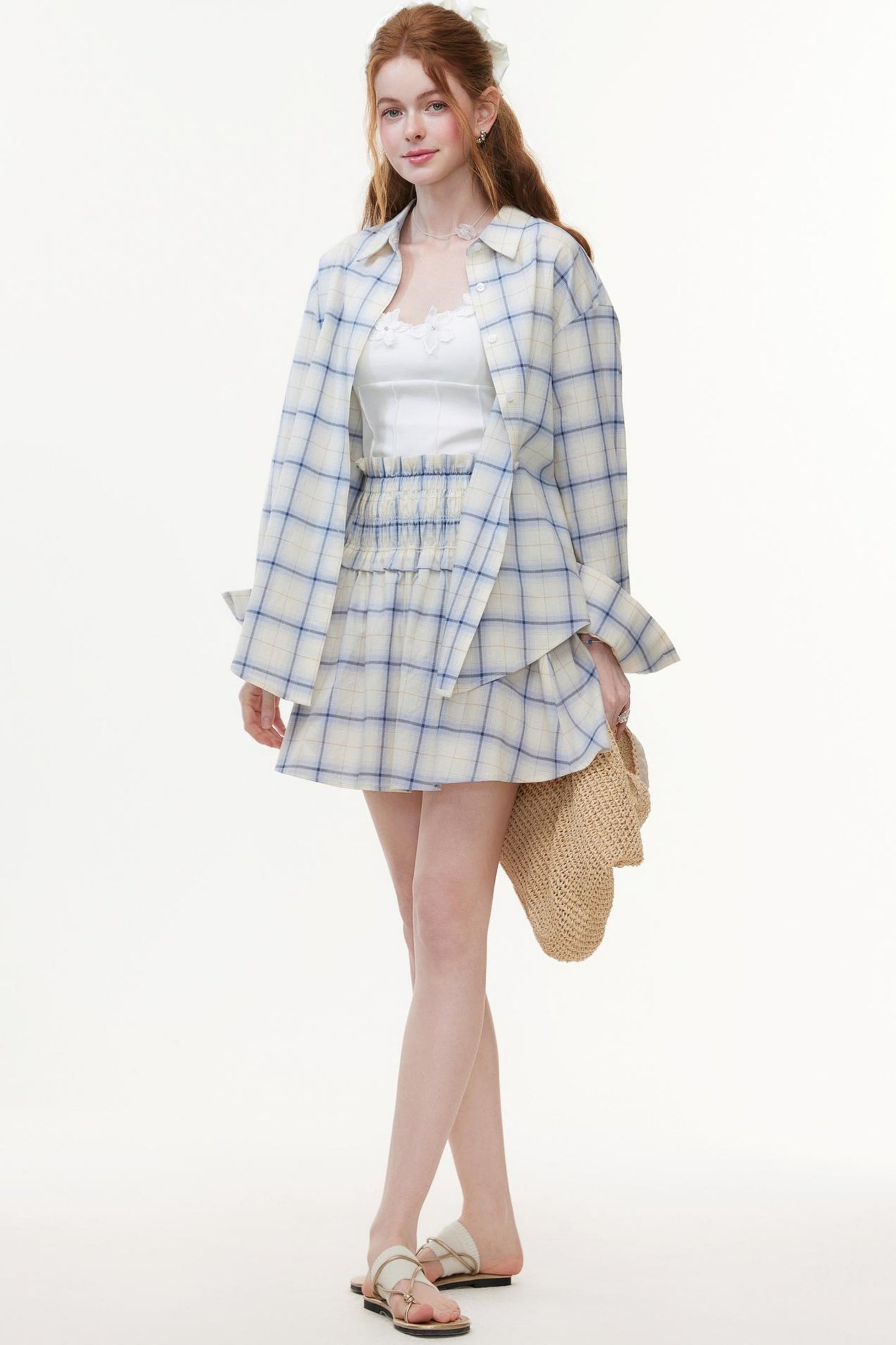 One-Shoulder Smocked Check Blouse