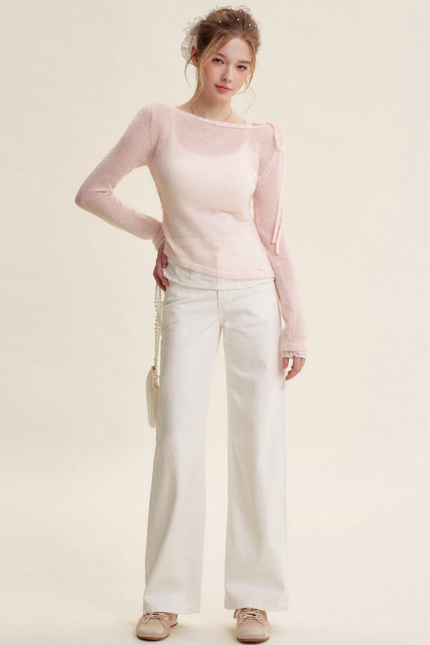 Rose Scented Mohair Bow Neck Sweater Set-Up