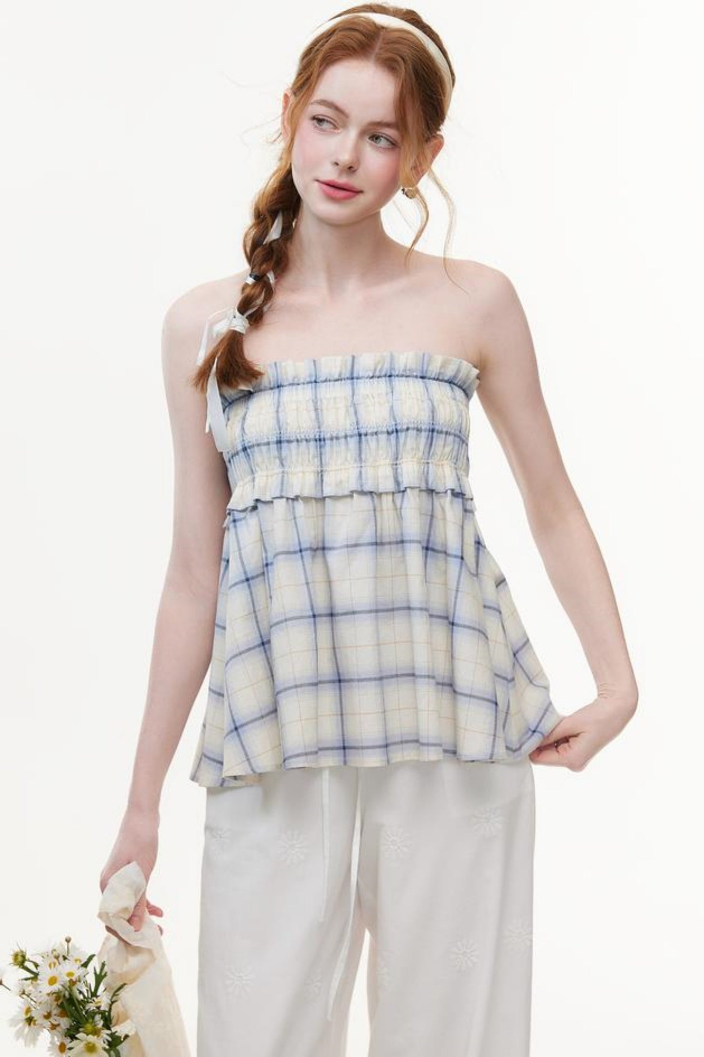 One-Shoulder Smocked Check Blouse